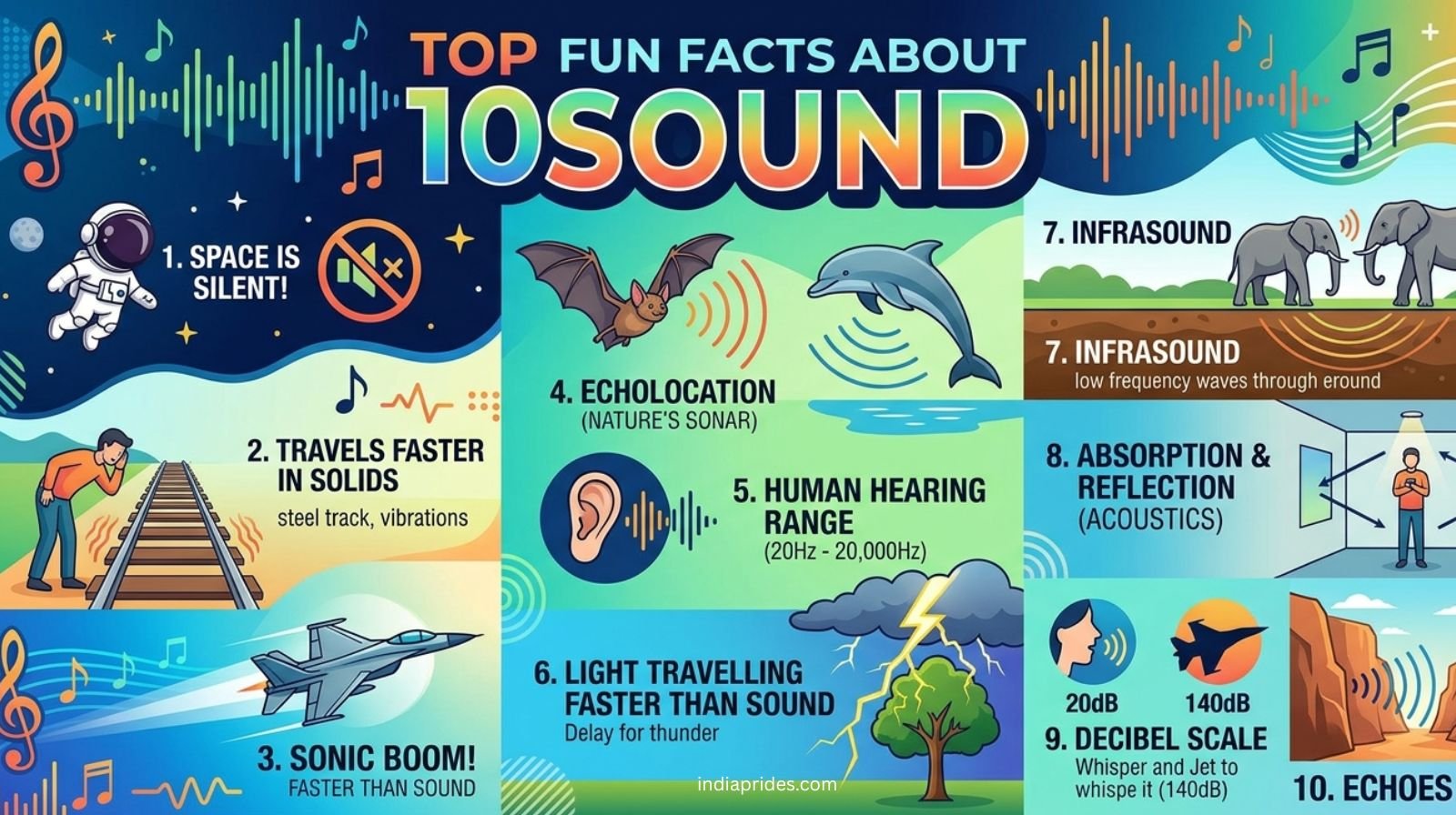 A visual representation of sound waves moving through air and water with a focus on frequency and decibels.